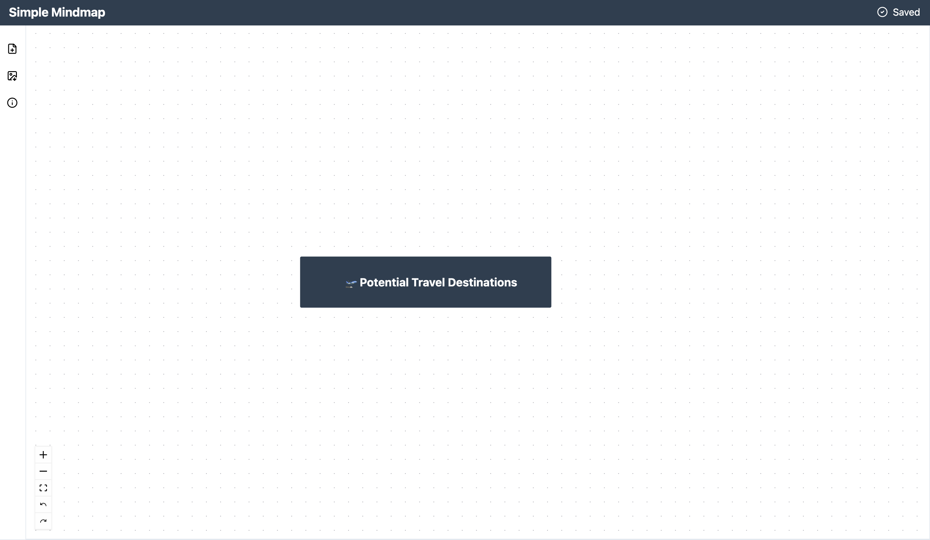 Screenshot of the Simple Mindmap canvas showing a root node with the text "Potential Travel Destinations"